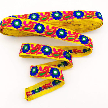 Yellow Floral Mirrored Trim With Royal Blue Flowers And Red Paisley Embroidery, Decorative Trimming, Trim By 3 Yards
